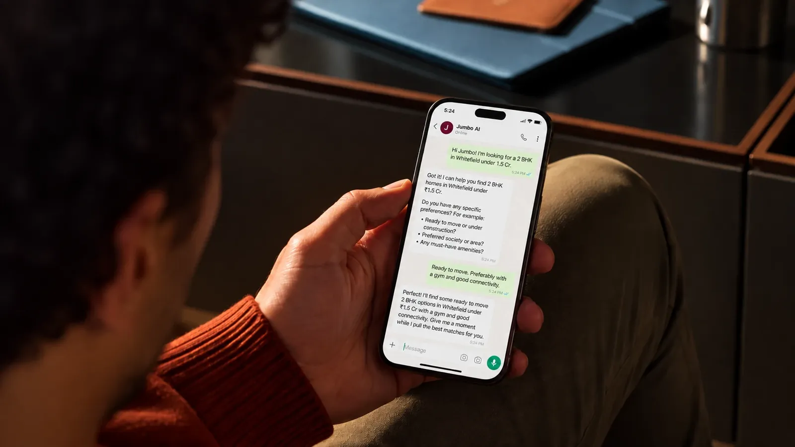 A home buyer chatting with Jumbo, the home-buying assistant, on WhatsApp